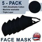 New Black Washable Reusable Face Mask 100% Cotton (In Stock) - Triple Layer - 5 Pack, Ships From USA - ezniceshop